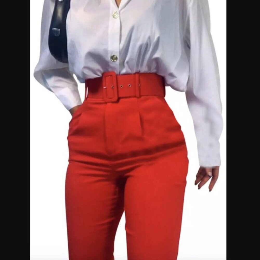 ZARA NWT High-Waist Red Belted Tapered Pants SIZE MED